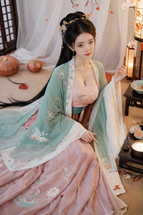  1girl, solo, long hair, black hair,Hairpins,necklace, hair ornament, dress, full body, flower, earrings, indoors, hair bun, (Dragon and phoenix pattern embroidery dress),(Tube top Hanfu long skirt:1.1), pillow, bed, night, chinese clothes, table, branch,daxiushan, ,daxiushan style,(huge breasts:1.89), (full breasts:1.59), realistic,hanfu, daxiushan,Shoulders are exposed, , daxiushan, arien_hanfu, FilmGirl