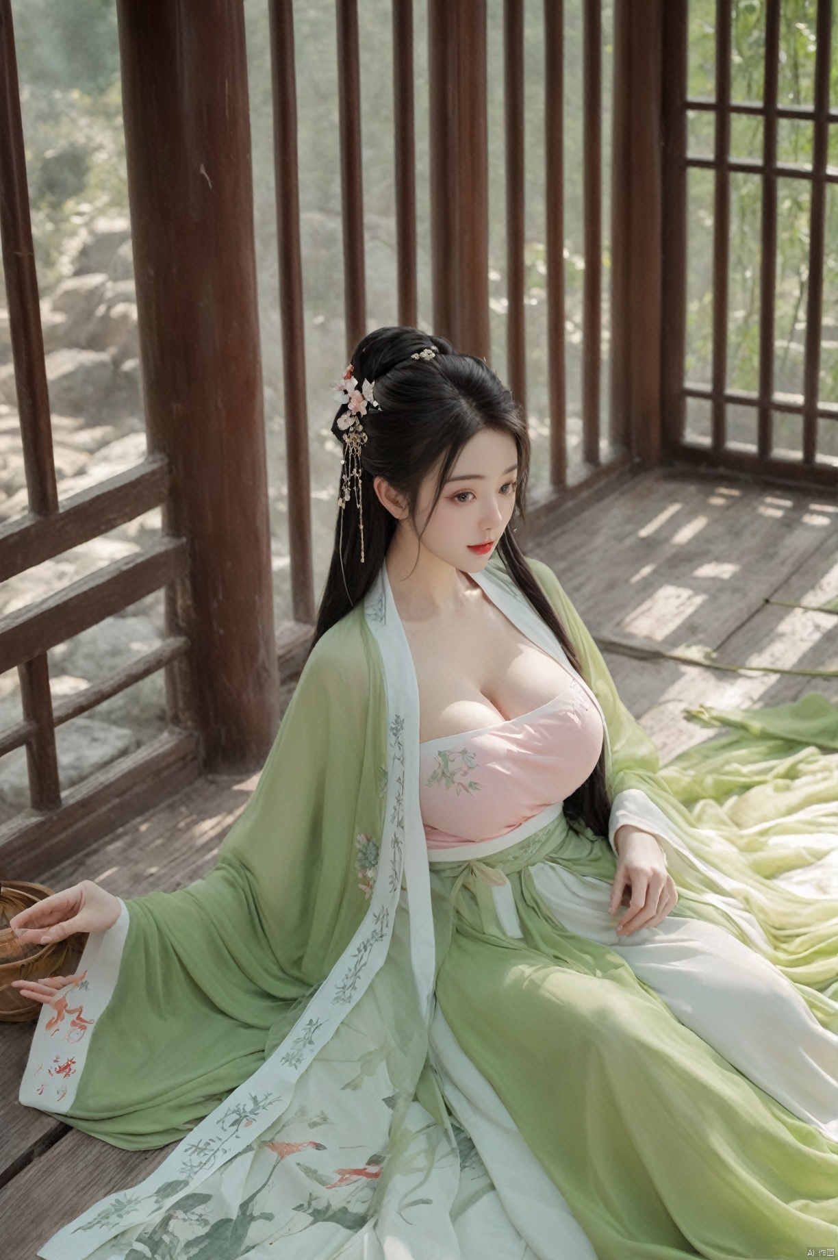  ((1girl)),solo,lying on back on bamboo mat bed in garden,paper fan,thin hanfu,foggy,(curtain),(bamboo forest),(huge breasts:2),(Spread your legs and expose your vagina:1.55),tiles roof,light green and white,off shoulders,chinese painting,gongbi style,water_color,(grapevineman:1.4),(huge breasts:2.5),(trees, artificial mountain, green lotus leaves,light pink lotus flowers),koi,wooden windows,doors,bed,stone,trandional architecture,temple,tower,wall,chinese garden,long hair,full body,bangs,(huge breasts:2.2),(masterpiece, Extremely detailed, best quality, highres:1.2),(ultra_detailed, UHD:1.2),soft smile,nsfw,huyefo,1girl,see-through,(huge breasts:2.3),,*****,bsp,daxiushan,daxiushan style, , ,