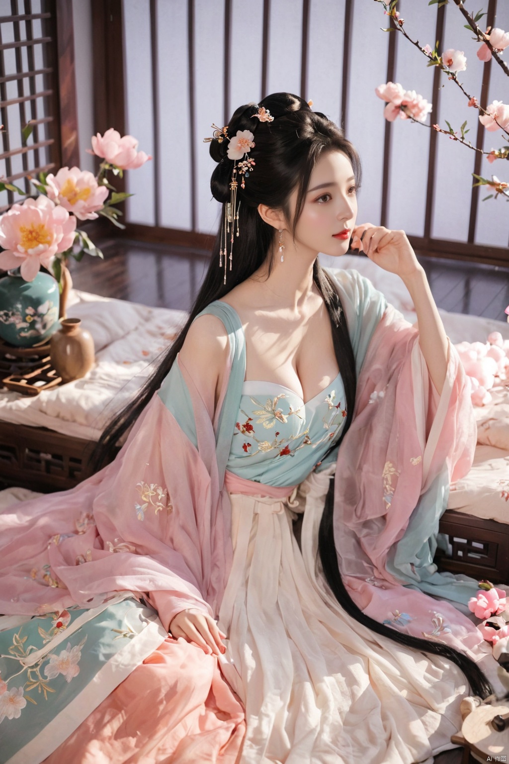  1girl, solo, long hair, black hair,Hairpins,necklace, hair ornament, dress, full body, flower, earrings, indoors, hair bun, (Peony embroidery dress),(Tube top Hanfu long skirt:1.1), pillow, bed, night, chinese clothes, table, branch,daxiushan, ,daxiushan style,(huge breasts:1.99), (full breasts:1.59), realistic,hanfu, daxiushan,Shoulders are exposed, , daxiushan, arien_hanfu, FilmGirl