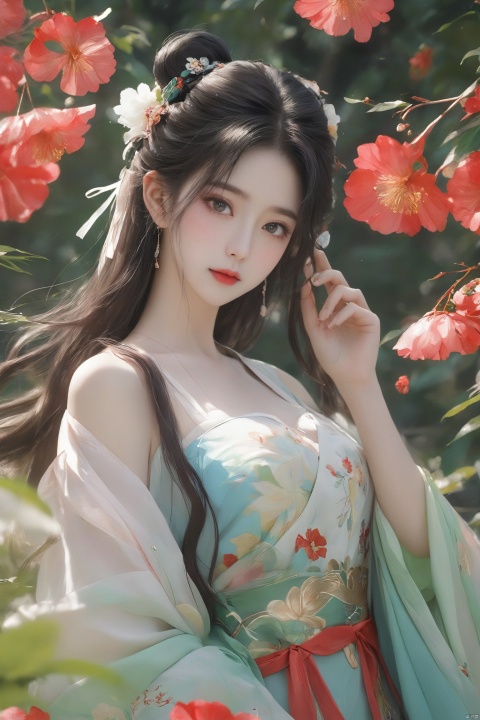  arien_hanfu,1girl, solo, flower, long hair, black hair, hair ornament, (big breasts:1.69),hair flower, blue|green eyes, floral print, chinese clothes, looking at viewer, detached sleeves, upper body, white flower, parted lips, dress, pink flower, china dress, bare shoulders, blush, red flower, eyelashes, white dress, lips, sleeveless, parted bangs, grey background, gongzhuqie, neon_dress,huansha, glowing,lens flare,big leaf,plant, wind, chang,(big breasts:1.89), light master, MAJICMIX STYLE