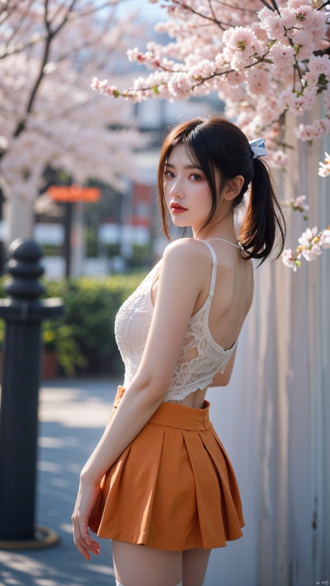  1girl,eye contact,sunlight,(orange JK_suit:1.2),JK_style,(dark blue JK_skirt),standing,arms behindback,white thighhighs,unity 8k wallpaper,ultra detailed,beautiful and aesthetic,cherry blossoms,(depth of field:1.5),(black pantyhose),reality,high quality,highres,(big breasta:1.26)