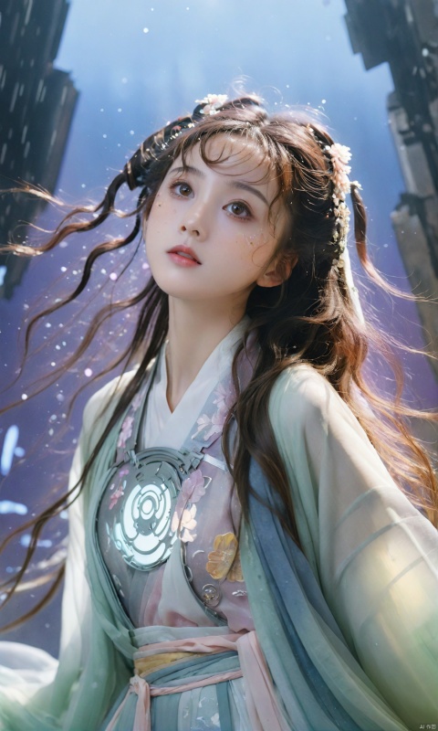  (long shot front view:1.1) a girl with brunette Curly hair and hazel eyes wearing modest cyber mecha hanfu,(looking up in awe:1.1),watercolor splotches background,Backlit,soft lighting,(water color:0.8),anime artwork,anime style,key visual,vibrant,(extremely detailed:1.1),expressive, See through, (big breasts:1.39),