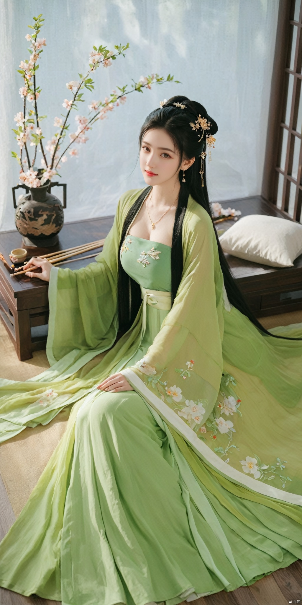  1girl, solo, long hair, black hair,Hairpins,necklace, hair ornament, dress, full body, flower, earrings, indoors, hair bun, (light green dress),(Tube top Hanfu long skirt:1.1), pillow, bed, night, chinese clothes, table, branch,daxiushan, ,daxiushan style,(huge breasts:1.99), (full breasts:1.59), realistic,hanfu, daxiushan,Shoulders are exposed, , daxiushan, arien_hanfu, 