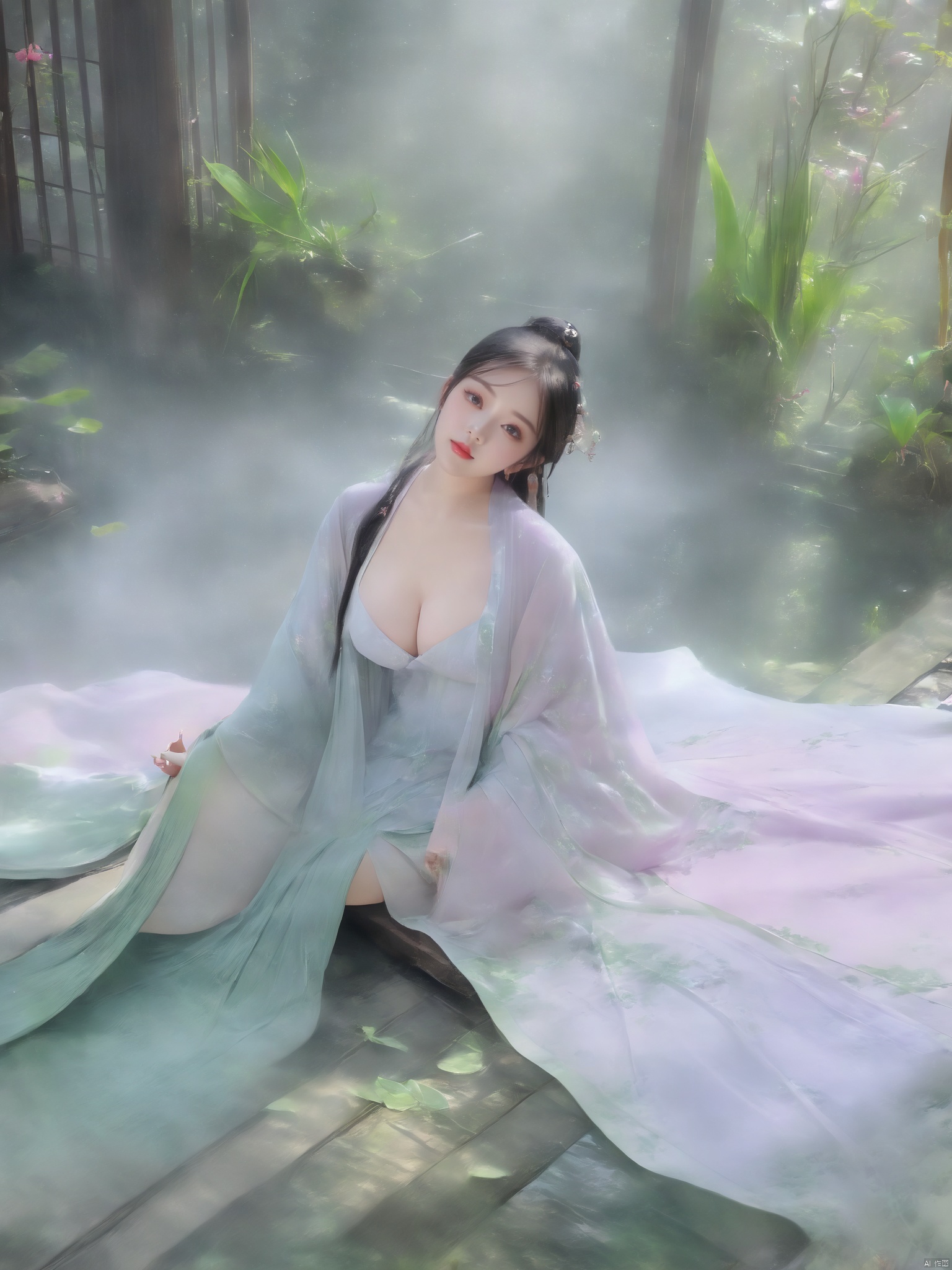  ((1girl)),solo,lying on back on bamboo mat bed in garden,paper fan,thin hanfu,foggy,(curtain),(bamboo forest),(huge breasts:2),(Spread your legs and expose your vagina:1.55),tiles roof,light green and white,off shoulders,chinese painting,gongbi style,water_color,(grapevineman:1.4),(huge breasts:2.5),(trees, artificial mountain, green lotus leaves,light pink lotus flowers),koi,wooden windows,doors,bed,stone,trandional architecture,temple,tower,wall,chinese garden,long hair,full body,bangs,(huge breasts:2.2),(masterpiece, Extremely detailed, best quality, highres:1.2),(ultra_detailed, UHD:1.2),soft smile,huyefo,1girl,see-through,(huge breasts:2.3),,*****,bsp,daxiushan,daxiushan style, , ,