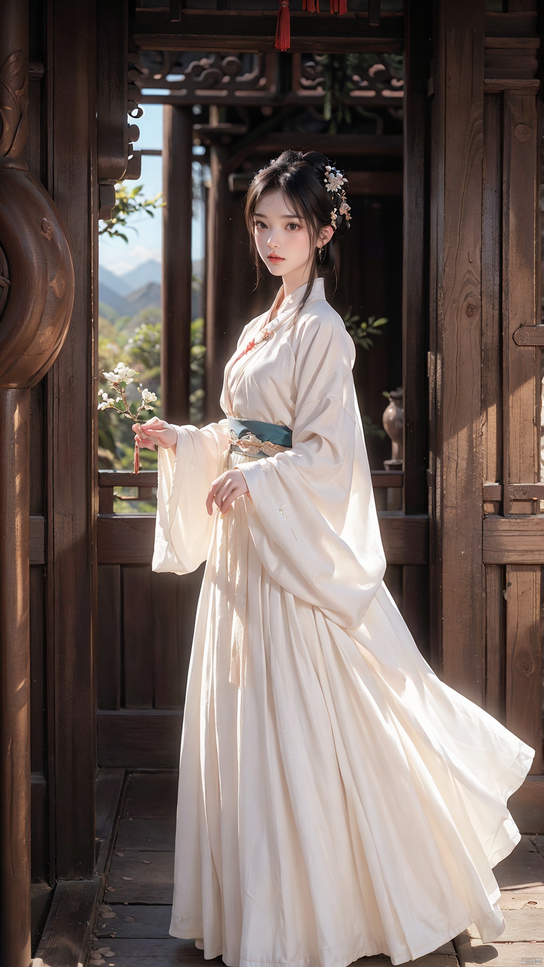  (8k, original image, best quality, masterpiece: 1.2),aerial garden, (A girl lazily stood on a rock watching the scenery),(Beautiful facial features, extremely beautiful face),(Hanfu long skirt:1.2),White Hanfu,The ancient tea trees on both sides of her are covered in white flowers,(Fisheye view), whole body, solo, atmospheric lighting, Ancient Chinese Architecture,The foreground is a Chinese style circular arch,Far away is a mountain hidden in the clouds,White flowers, wind,cloud, atmospheric lighting,physics based rendering, viewers,DUNHUANG_CLOTHS,han style,1 girl