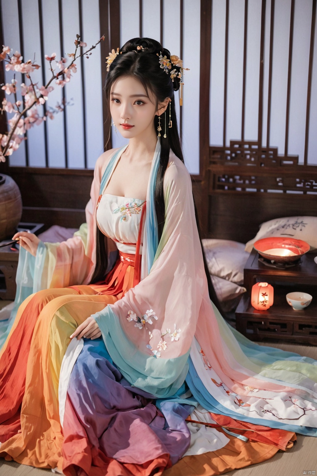  1girl, solo, long hair, black hair,Hairpins,necklace, hair ornament, dress, full body, flower, earrings, indoors, hair bun, (Seven-color rainbow gradient color dress),(Tube top Hanfu long skirt:1.1), pillow, bed, night, chinese clothes, table, branch,daxiushan, ,daxiushan style,(huge breasts:1.99), (full breasts:1.59), realistic,hanfu, daxiushan,Shoulders are exposed, , daxiushan, arien_hanfu, FilmGirl