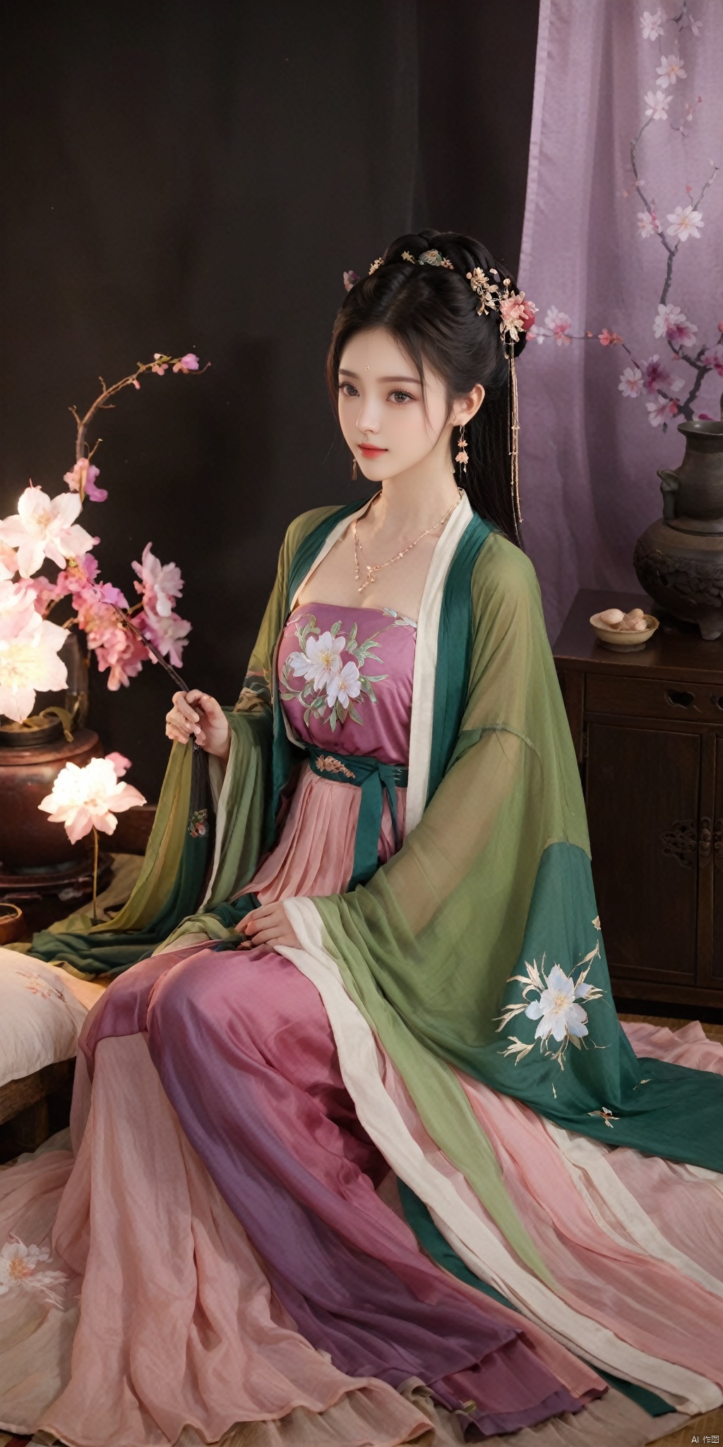  1girl, solo, long hair, black hair,Hairpins,necklace, hair ornament, dress, full body, flower, earrings, indoors, hair bun, (purple-pink-green dress),(Tube top Hanfu long skirt:1.1), pillow, bed, night, chinese clothes, table, branch,daxiushan, ,daxiushan style,(huge breasts:1.79), (full breasts:1.59), realistic,hanfu, daxiushan,Shoulders are exposed, , daxiushan, arien_hanfu, FilmGirl