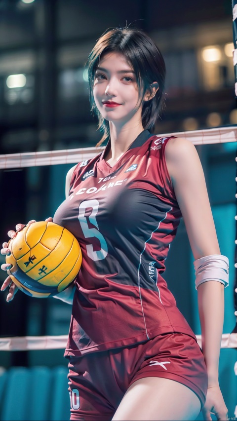  1girl, (volleyball uniform:1.2), smile, holding volleyball, milf, mature female, short hair, (gigantic breasts:1.2), skindentation, tall ,narrow waist, thighs, wide hips,eyeliner, eyelashes, perfect face, detailed eyes, facial lighting, indoor stadium, audience, crowd, looking at viewer(masterpiece, high quality:1.2),