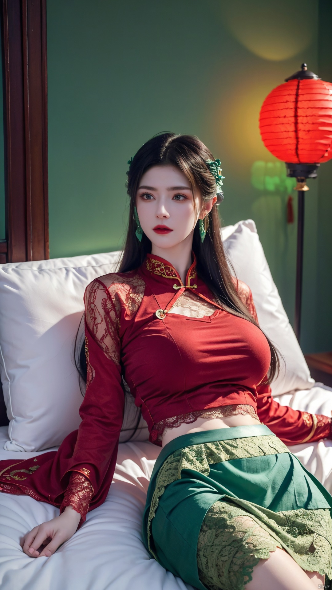  1girl, (Lace red|blue|green skirt:1.45), on Stomach, lying down, bed,aqua_earrings,Lights, lanterns, chang,(big breasts:1.49),hanfu, (antique cheongsam), (Chinese round fans),