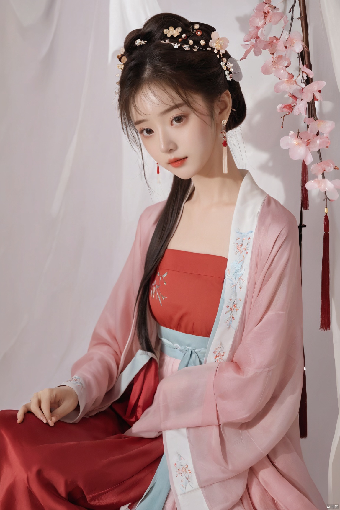  (masterpiece, top quality, best quality, official art, beautiful and aesthetic:1.2),gf-hd, 1girl, solo, hair ornament, jewelry,hanfu dress, red dress, earrings, chinese clothes, brown hair, ribbon, hanfu, red ribbon, shawl, song_hanfu,(big breasts:1.39), monkren