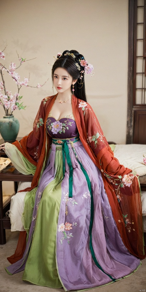  1girl, solo, long hair, black hair,Hairpins,necklace, hair ornament, dress, full body, flower, earrings, indoors, hair bun, (purple-red-green dress),(Tube top Hanfu long skirt:1.1), pillow, bed, night, chinese clothes, table, branch,daxiushan, ,daxiushan style,(huge breasts:1.6), (full breasts:1.39), realistic,hanfu, daxiushan,Shoulders are exposed, , daxiushan, arien_hanfu, FilmGirl