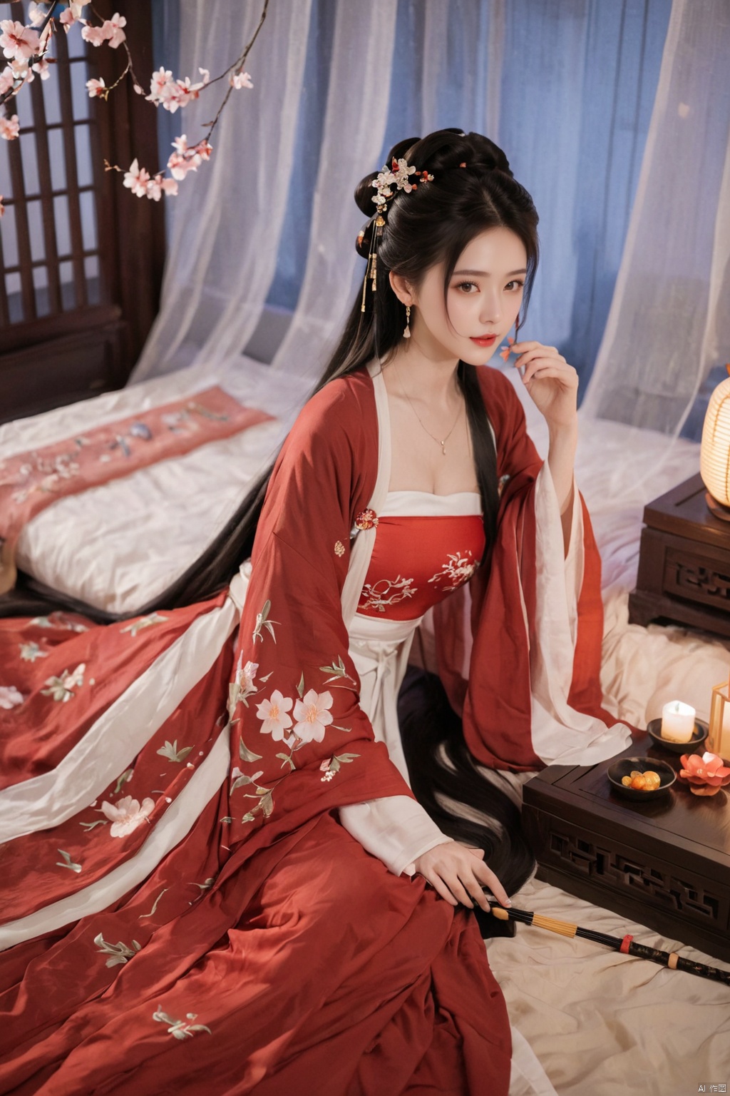  1girl, solo, long hair, black hair,Hairpins,necklace, hair ornament, dress, full body, flower, earrings, indoors, hair bun, (black-red dress),(Tube top Hanfu long skirt:1.1), pillow, bed, night, chinese clothes, table, branch,daxiushan, ,daxiushan style,(huge breasts:1.99), (full breasts:1.59), realistic,hanfu, daxiushan,Shoulders are exposed, , daxiushan, arien_hanfu, FilmGirl