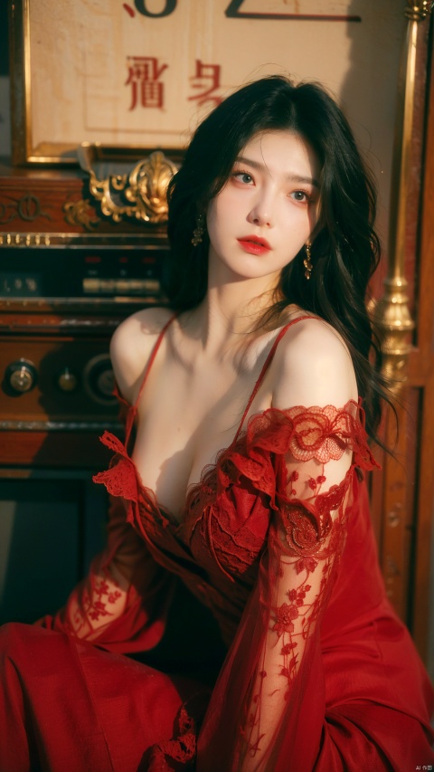  sdmai, hongchen, 1girl, solo, lace dress, red dress, black hair, realistic, breasts, jewelry, earrings, looking at viewer, bare shoulders,(big breasts:1.79),(full breasts:1.5)