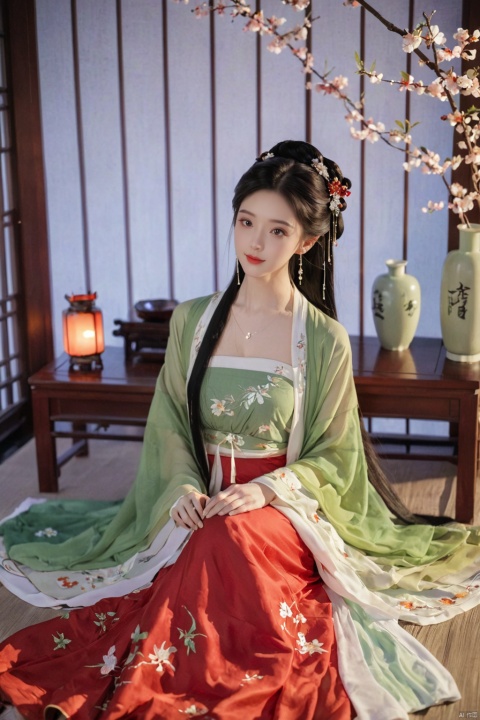  1girl, solo, long hair, black hair,Hairpins,necklace, hair ornament, dress, full body, flower, earrings, indoors, hair bun, (red-green dress),(Tube top Hanfu long skirt:1.1), pillow, bed, night, chinese clothes, table, branch,daxiushan, ,daxiushan style,(huge breasts:1.99), (full breasts:1.59), realistic,hanfu, daxiushan,Shoulders are exposed, , daxiushan, arien_hanfu, FilmGirl