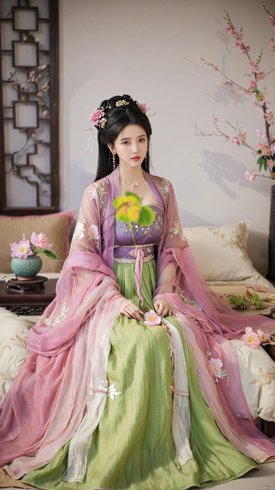  1girl, solo, long hair, black hair,Hairpins,necklace, hair ornament, dress, full body, flower, earrings, indoors, hair bun, (purple-pink-green dress),(Tube top Hanfu long skirt:1.1), pillow, bed, night, chinese clothes, table, branch,daxiushan, ,daxiushan style,(huge breasts:1.6), (full breasts:1.39), realistic,hanfu, daxiushan,Shoulders are exposed, , daxiushan, arien_hanfu, FilmGirl