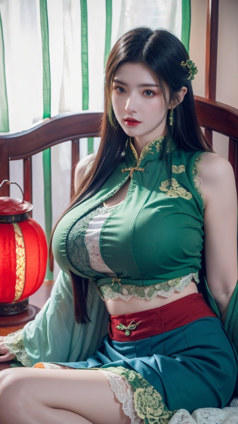  1girl, (Lace red|blue|green skirt:1.45), on Stomach, lying down, bed,aqua_earrings,Lights, lanterns, chang,(big breasts:1.59),hanfu, (antique cheongsam), (Chinese round fans),
