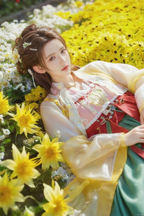  1girl, aerith gainsborough, final fantasy, lying back on flowers, from above, masterpiece, best quality, very aesthetic, absurdres, newest, ai-generated