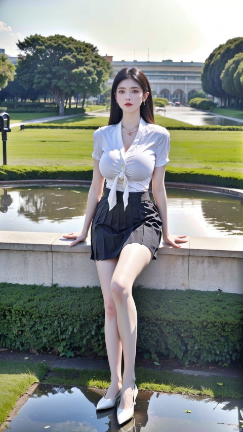  Best quality,masterpiece, 1girl,business shirt, (huge breasts:1.59)(Tie), (Exposed thighs:1.3), (mini skirt:1.3), (pleated skirt:1.3),1 girl,(Sitting on the grass in the park with a lotus pond in the background:1.3),(huge breasts:1.69),Clothes Chinese landscape painting hanging on the wall,moyou