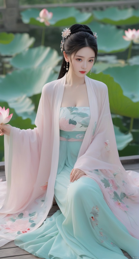  Best quality, Realistic, photorealistic, masterpiece, extremely detailed CG unity 8k wallpaper, best illumination, best shadow, huge filesize ,(huge breasts:2.39) incredibly absurdres, absurdres, looking at viewer, transparent, smog, gauze, vase, petals, room, ancient Chinese style, detailed background, wide shot background,
(((1gilr,black hair))),(Sitting on the lotus pond porch:1.39) ,(huge breasts:2.4),(A pond full of pink lotus flowers:1.3),close up of 1girl,Hairpins,hair ornament,hair wings,slim,narrow waist,(huge breasts:2.5),perfect eyes,beautiful perfect face,pleasant smile,perfect female figure,detailed skin,charming,alluring,seductive,erotic,enchanting,delicate pattern,detailed complex and rich exquisite clothing detail,delicate intricate fabrics,
Morning Serenade In the gentle morning glow, (a woman in a pink lotus-patterned Hanfu stands in an indoor courtyard:1.26),(Chinese traditional dragon and phoenix embroidered Hanfu:1.3), admiring the tranquil garden scenery. The lotus-patterned Hanfu, embellished with silver-thread embroidery, is softly illuminated by the morning light. The light mint green Hanfu imparts a sense of calm and freshness, adorned with delicate lotus patterns, with a blurred background to enhance the peaceful atmosphere,(huge breasts:2.7),