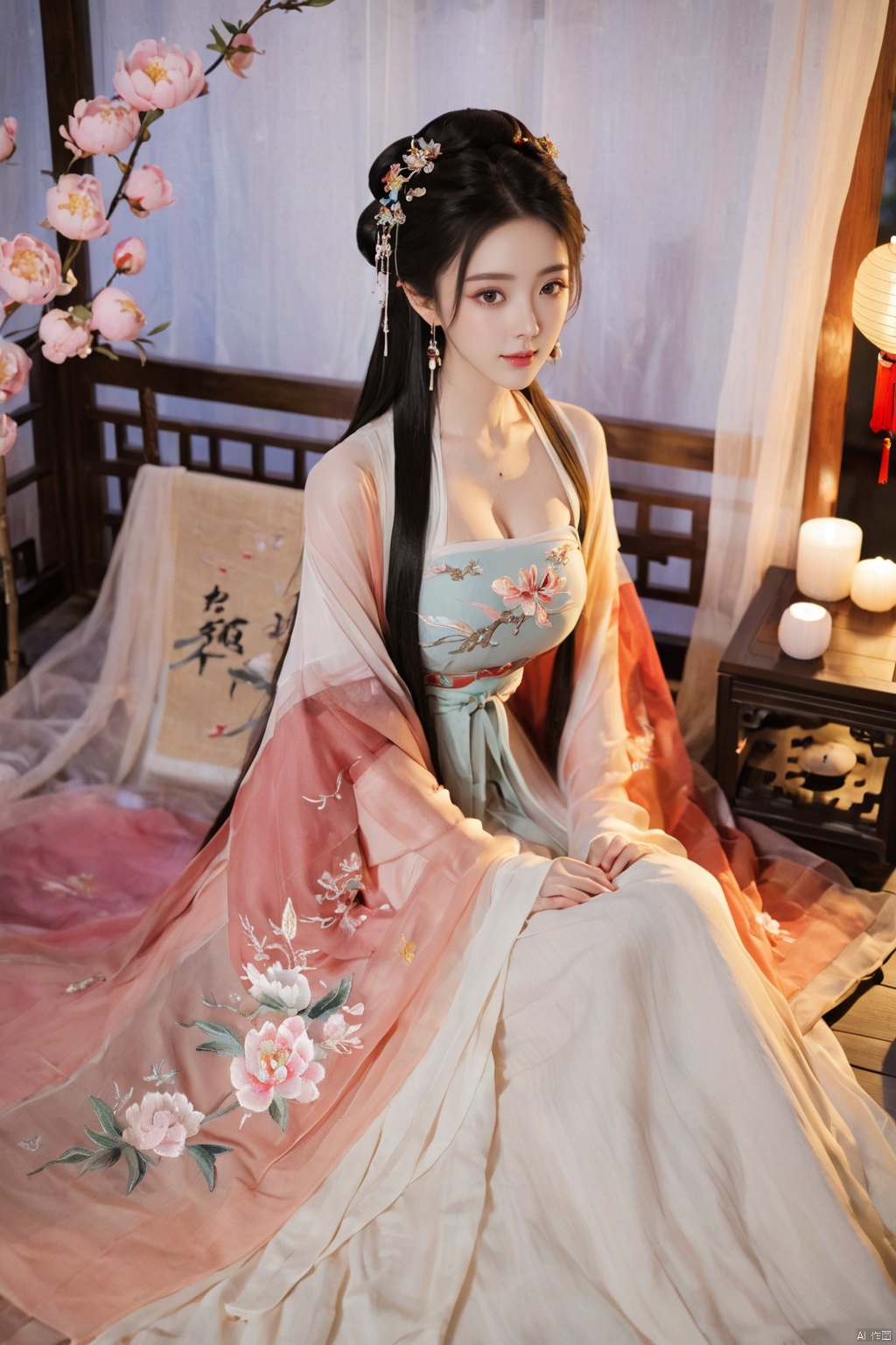  1girl, solo, long hair, black hair,Hairpins,necklace, hair ornament, dress, full body, flower, earrings, indoors, hair bun, (Peony embroidery dress),(Tube top Hanfu long skirt:1.1), pillow, bed, night, chinese clothes, table, branch,daxiushan, ,daxiushan style,(huge breasts:1.99), (full breasts:1.59), realistic,hanfu, daxiushan,Shoulders are exposed, , daxiushan, arien_hanfu, FilmGirl