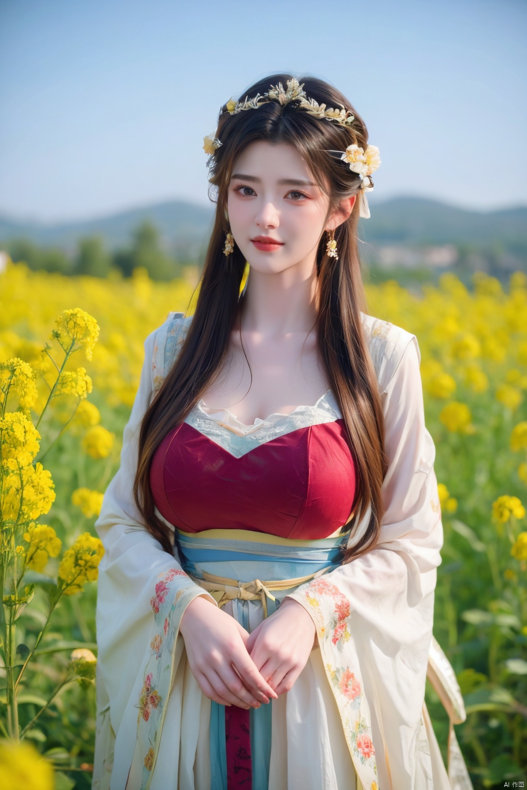  Enhanced, masterpiece, 16K, girl, Solo, Flower Field, rape flower, (\meng ze\), yue , hair ornament , hanfu,(big breasts:1.33)