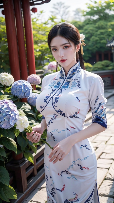  1girl,front,mottledsunlight,hydrangea flowers field,photoparticle,refracted light,light particles,sparkle,backlighting,hydrangea flower,china dress\(haihang\),lingxing, (big breasts:1.6),(Ancient Chinese architecture, Suzhou gardens, gardens full of flowers:1.3)