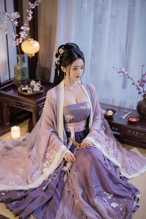  1girl, solo, long hair, black hair,Hairpins,necklace, hair ornament, dress, full body, flower, earrings, indoors, hair bun, (purple dress),(Tube top Hanfu long skirt:1.1), pillow, bed, night, chinese clothes, table, branch,daxiushan, ,daxiushan style,(huge breasts:1.99), (full breasts:1.59), realistic,hanfu, daxiushan,Shoulders are exposed, , daxiushan, arien_hanfu, FilmGirl