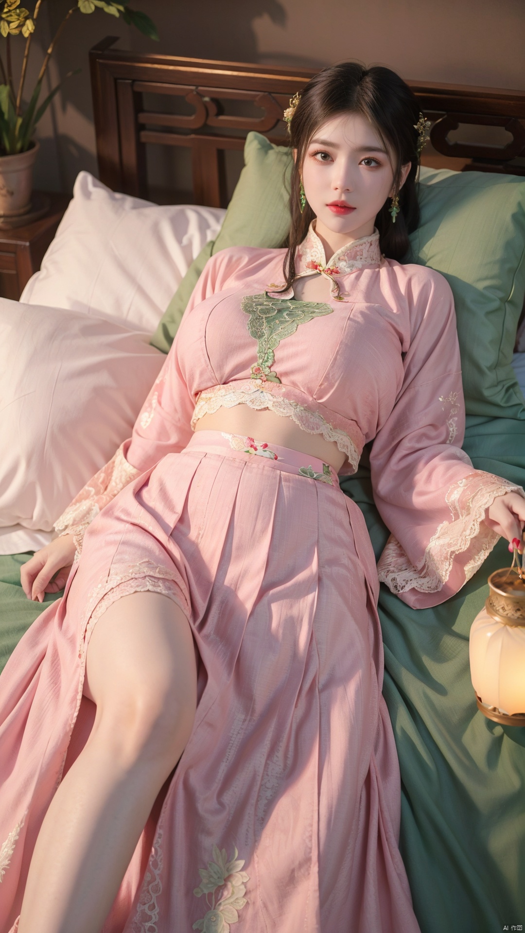  1girl, (Lace pink|green skirt:1.45), on Stomach, lying down, bed,aqua_earrings,Lights, lanterns, chang,(big breasts:1.53),hanfu, (antique cheongsam), (Chinese round fans), ll-hd, shidudou,(midi skirt:1.1), QIPAO, taoist robe, hy, han style