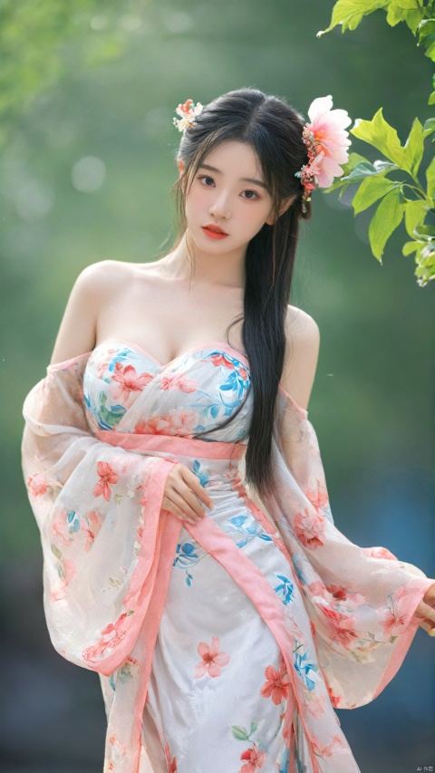  arien_hanfu,1girl, solo, flower, long hair, black hair, hair ornament, (big breasts:1.59),hair flower, blue eyes, floral print, chinese clothes, looking at viewer, detached sleeves, full body, white flower, parted lips, dress, pink flower, china dress, bare shoulders, blush, red flower, eyelashes, white dress, lips, sleeveless, parted bangs, grey background, gongzhuqie, neon_dress,huansha, glowing,lens flare,big leaf,plant, wind, chang,(big breasts:1.5),