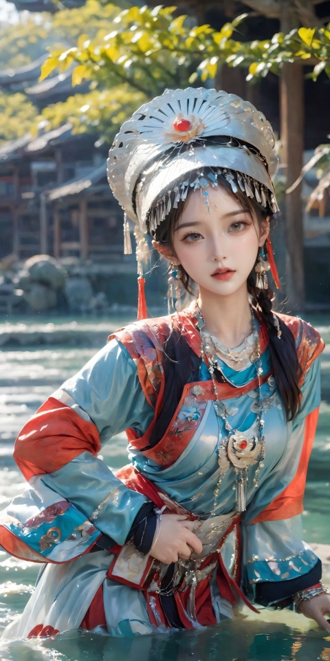  1girl,(Dynamic Pose:1.5),Chinese Yi ethnic clothing,Silver metal headwear, capelet, earrings, jewelry,A huge metal hat,Headwear metal tassels,Silver metal hat, lips, long sleeves, short hair, solo, water, wide sleeves, 1girl,(big breasts:1.39)