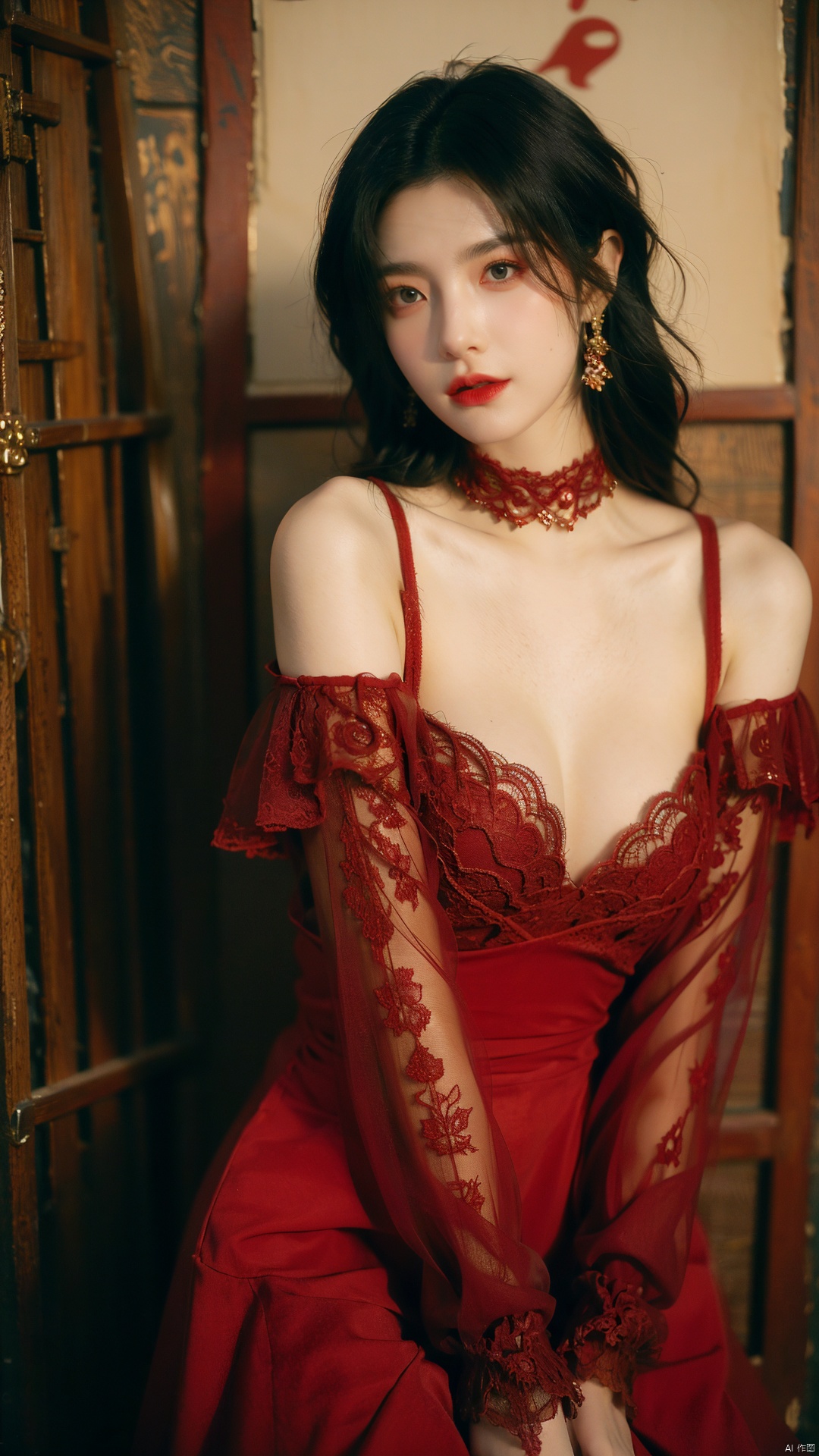  sdmai, hongchen, 1girl, solo, One shoulder lace dress,lace dress, purple dress, black hair, realistic, breasts, jewelry, earrings, looking at viewer, bare shoulders,(big breasts:1.79),(full breasts:1.6)