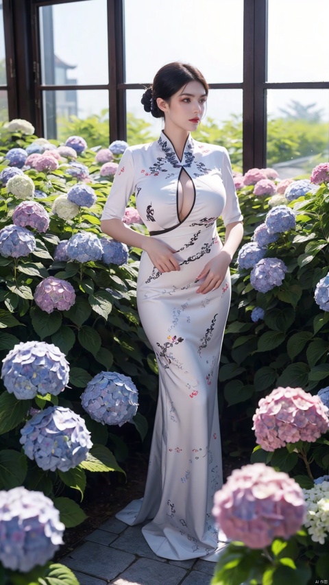 1girl,front,full body,mottledsunlight,hydrangea flowers field,photoparticle,refracted light,light particles,sparkle,backlighting,hydrangea flower,china dress\(haihang\),lingxing, (big breasts:1.86),