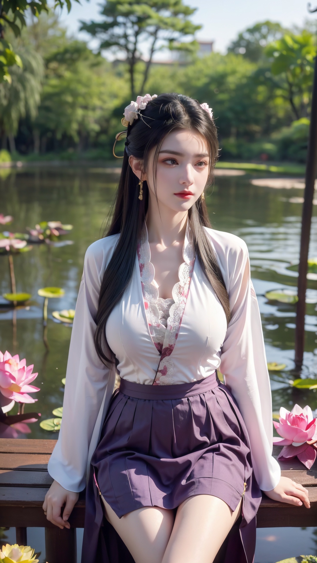  (1girl:1.1), (Lace purple skirt:1.39), on Stomach,aqua_earrings,Lights, lanterns, chang,(big breasts:1.56),hanfu, Best quality, Realistic, photorealistic, masterpiece, extremely detailed CG unity 8k wallpaper, best illumination, best shadow, huge filesize ,(huge breasts:1.56) incredibly absurdres, absurdres, looking at viewer, transparent, smog, gauze, vase, petals, room, ancient Chinese style, detailed background, wide shot background,
(((black hair))),(Sitting on the lotus pond porch:1.49) ,(A pond full of pink lotus flowers:1.5),close up of 1girl,Hairpins,hair ornament,hair wings,slim,narrow waist,perfect eyes,beautiful perfect face,pleasant smile,perfect female figure,detailed skin,charming,alluring,seductive,erotic,enchanting,delicate pattern,detailed complex and rich exquisite clothing detail,delicate intricate fabrics,
Morning Serenade In the gentle morning glow, (a woman in a pink lotus-patterned Hanfu stands in an indoor courtyard:1.36),(Chinese traditional dragon and phoenix embroidered Hanfu:1.3), admiring the tranquil garden scenery. The lotus-patterned Hanfu, embellished with silver-thread embroidery, is softly illuminated by the morning light. The light mint green Hanfu imparts a sense of calm and freshness, adorned with delicate lotus patterns, with a blurred background to enhance the peaceful atmosphere,