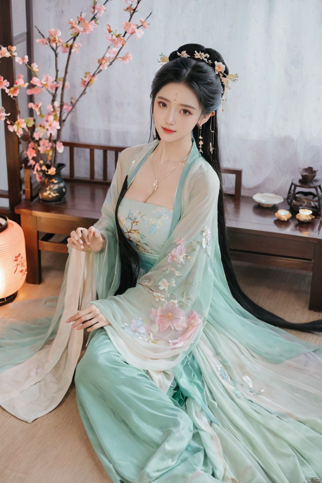  1girl, solo, long hair, black hair,Hairpins,necklace, hair ornament, dress, full body, flower, earrings, indoors, hair bun, (Sequin color dress),(Tube top Hanfu long skirt:1.1), pillow, bed, night, chinese clothes, table, branch,daxiushan, ,daxiushan style,(huge breasts:1.99), (full breasts:1.59), realistic,hanfu, daxiushan,Shoulders are exposed, , daxiushan, arien_hanfu, FilmGirl