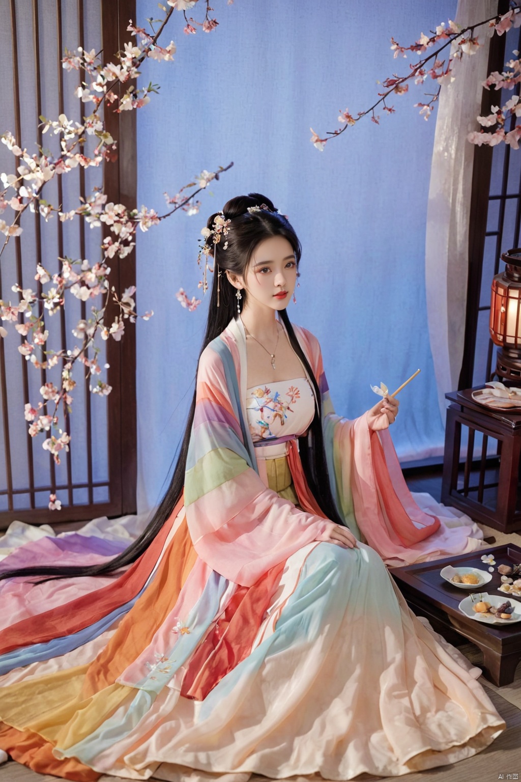  1girl, solo, long hair, black hair,Hairpins,necklace, hair ornament, dress, full body, flower, earrings, indoors, hair bun, (Seven-color rainbow gradient color dress),(Tube top Hanfu long skirt:1.1), pillow, bed, night, chinese clothes, table, branch,daxiushan, ,daxiushan style,(huge breasts:1.99), (full breasts:1.59), realistic,hanfu, daxiushan,Shoulders are exposed, , daxiushan, arien_hanfu, FilmGirl