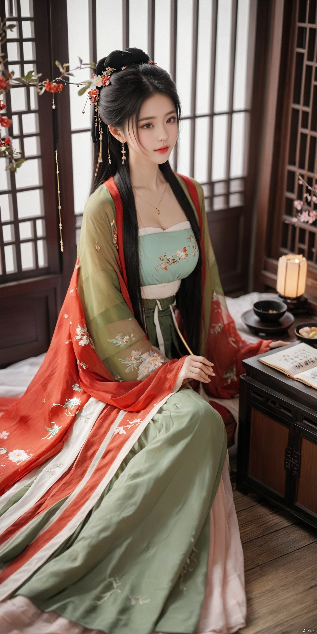  1girl, solo, long hair, black hair,Hairpins,necklace, hair ornament, dress, full body, flower, earrings, indoors, hair bun, (red-green dress),(Tube top Hanfu long skirt:1.1), pillow, bed, night, chinese clothes, table, branch,daxiushan, ,daxiushan style,(huge breasts:1.99), (full breasts:1.59), realistic,hanfu, daxiushan,Shoulders are exposed, , daxiushan, arien_hanfu, FilmGirl