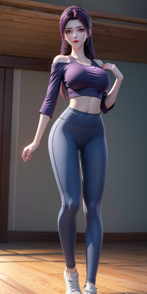  Best quality, masterpiece, 8K, long purple hair, (Viewer:1.5), 1 girls standing chest to chest, (Tight off-the-shoulder T-shirt:1.2), yoga pants, sports shoes, yoga studio, whole body, (big breasts:1.5), (taken from below:1.2).
