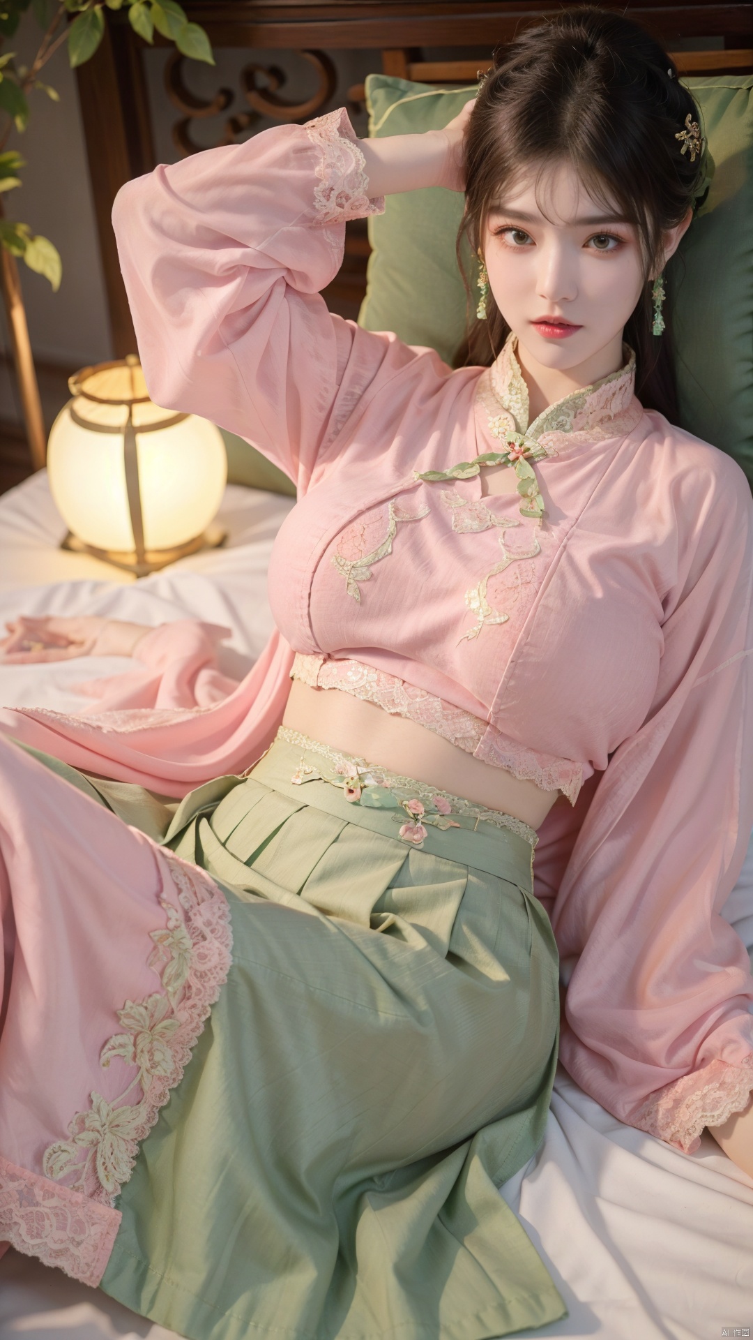  1girl, (Lace pink|green skirt:1.45), on Stomach, lying down, bed,aqua_earrings,Lights, lanterns, chang,(big breasts:1.55),hanfu, (antique cheongsam), (Chinese round fans), ll-hd, shidudou,(midi skirt:1.1), QIPAO, taoist robe, hy, han style