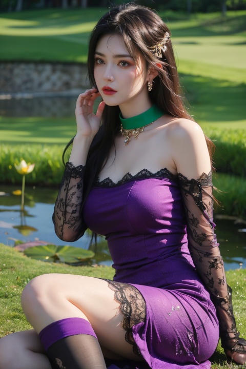  masterpiece, 1 girl, blonde long hair, jewelry, Earrings, Necklace,lace Strapless evening dress,huge filesize, (big breasta:1.3),extremely detailed, 8k wallpaper, highly detailed, best quality, yunqing, Black stockings, lace,plentiful,thick-fleshed,blue eyes, (Sitting on the grass of a golf course:1.29), (The background is a lotus pond full of lotus flowers:1.29),looking at viewer,(purple|red|green High collar lace Evening dress:1.39),Red High Heels,perfact breast, sufei, poakl ggll girl