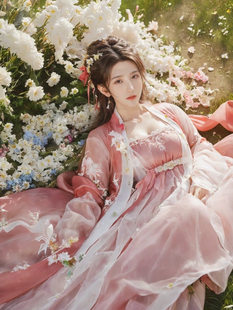  1girl, aerith gainsborough, final fantasy, lying back on flowers, from above, masterpiece, best quality, very aesthetic, absurdres, newest, ai-generated,(big breasts:1.69)