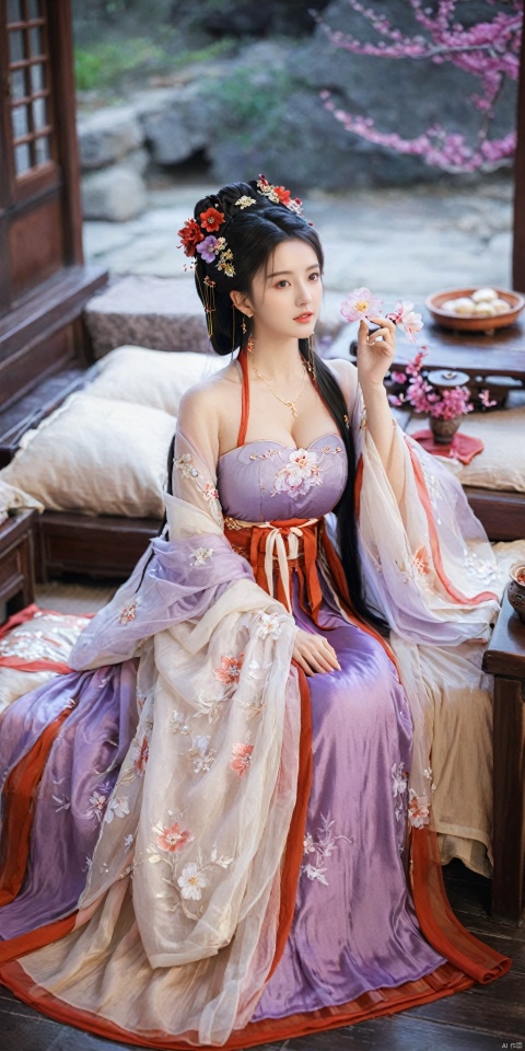 1girl, solo, long hair, black hair,Hairpins,necklace, hair ornament, dress, full body, flower, earrings, indoors, hair bun, (purple-red-white dress),(Tube top Hanfu long skirt:1.1), pillow, bed, night, chinese clothes, table, branch,daxiushan, ,daxiushan style,(huge breasts:1.6), (full breasts:1.39), realistic,hanfu, daxiushan,Shoulders are exposed, , daxiushan, arien_hanfu, FilmGirl