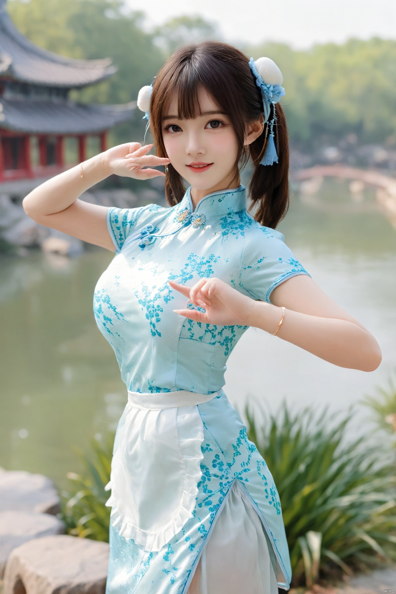 best quality, masterpiece,Depth of field,kind smile,looking_at_viewer,Dynamic pose,RAW photo,1girl,Xcheongsam,(big breasts:1.39),ping dress,