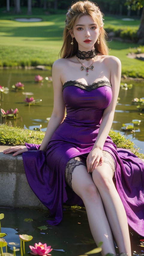  masterpiece, 1 girl, blonde long hair, jewelry, Earrings, Necklace,lace Strapless evening dress,huge filesize, (big breasta:1.3),extremely detailed, 8k wallpaper, highly detailed, best quality, yunqing, Black stockings, lace,plentiful,thick-fleshed,blue eyes, (Sitting on the grass of a golf course:1.2), (The background is a lotus pond full of lotus flowers:1.29),looking at viewer,(purple|red|green High collar lace Evening dress:1.39),Red High Heels,perfact breast, sufei, poakl ggll girl