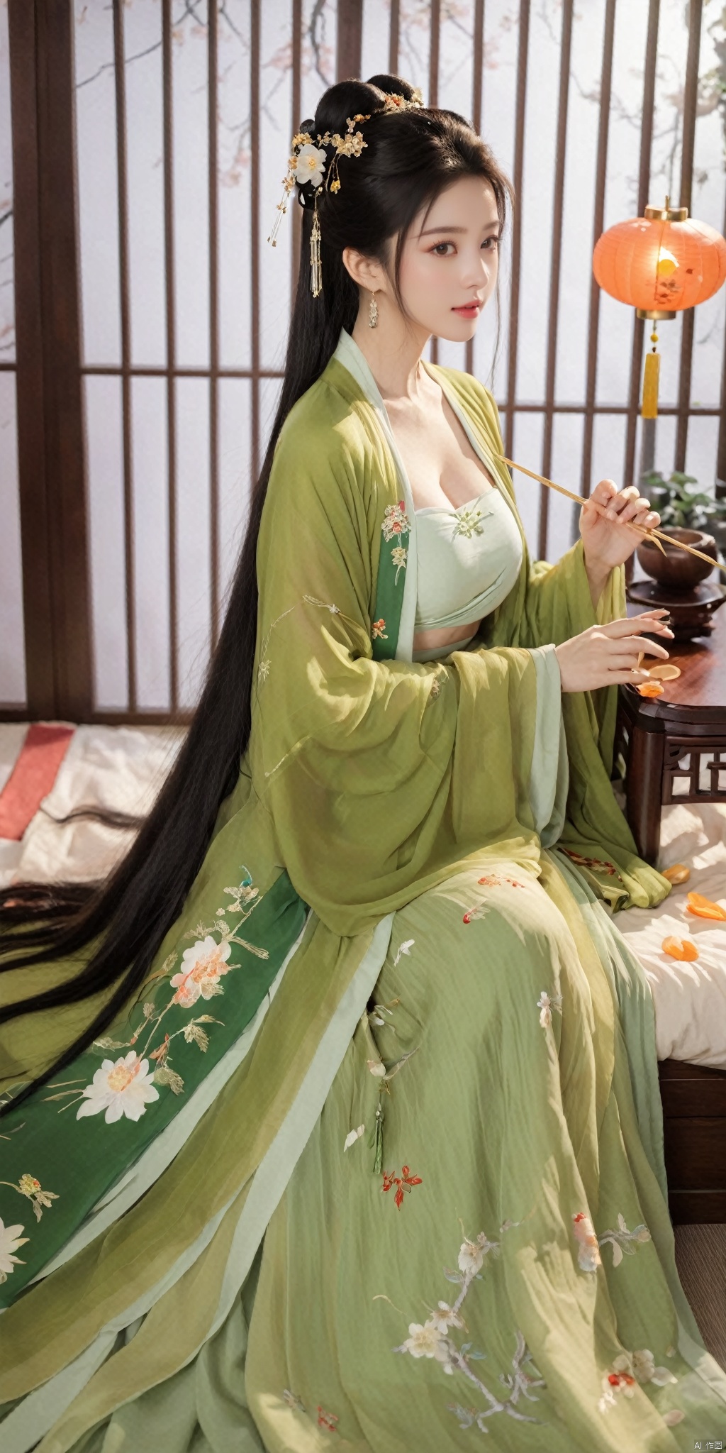  1girl, solo, long hair, black hair,Hairpins,necklace, hair ornament, dress, full body, flower, earrings, indoors, hair bun, (green dress:1.1),(Tube top Hanfu long skirt:1.1), pillow, bed, night, chinese clothes, table, branch,daxiushan, ,daxiushan style,(huge breasts:2.34), (full breasts:1.6), realistic,hanfu, daxiushan,Shoulders are exposed, , daxiushan, arien_hanfu, 
