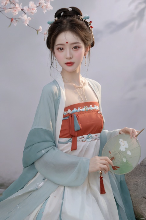  (masterpiece, top quality, best quality, official art, beautiful and aesthetic:1.2),gf-hd, 1girl, solo, hair ornament, jewelry,hanfu dress, red dress, earrings, chinese clothes, brown hair, ribbon, hanfu, red ribbon, shawl, song_hanfu,(big breasts:1.89), ,(full breasts:1.89),monkren, tang_hanfu