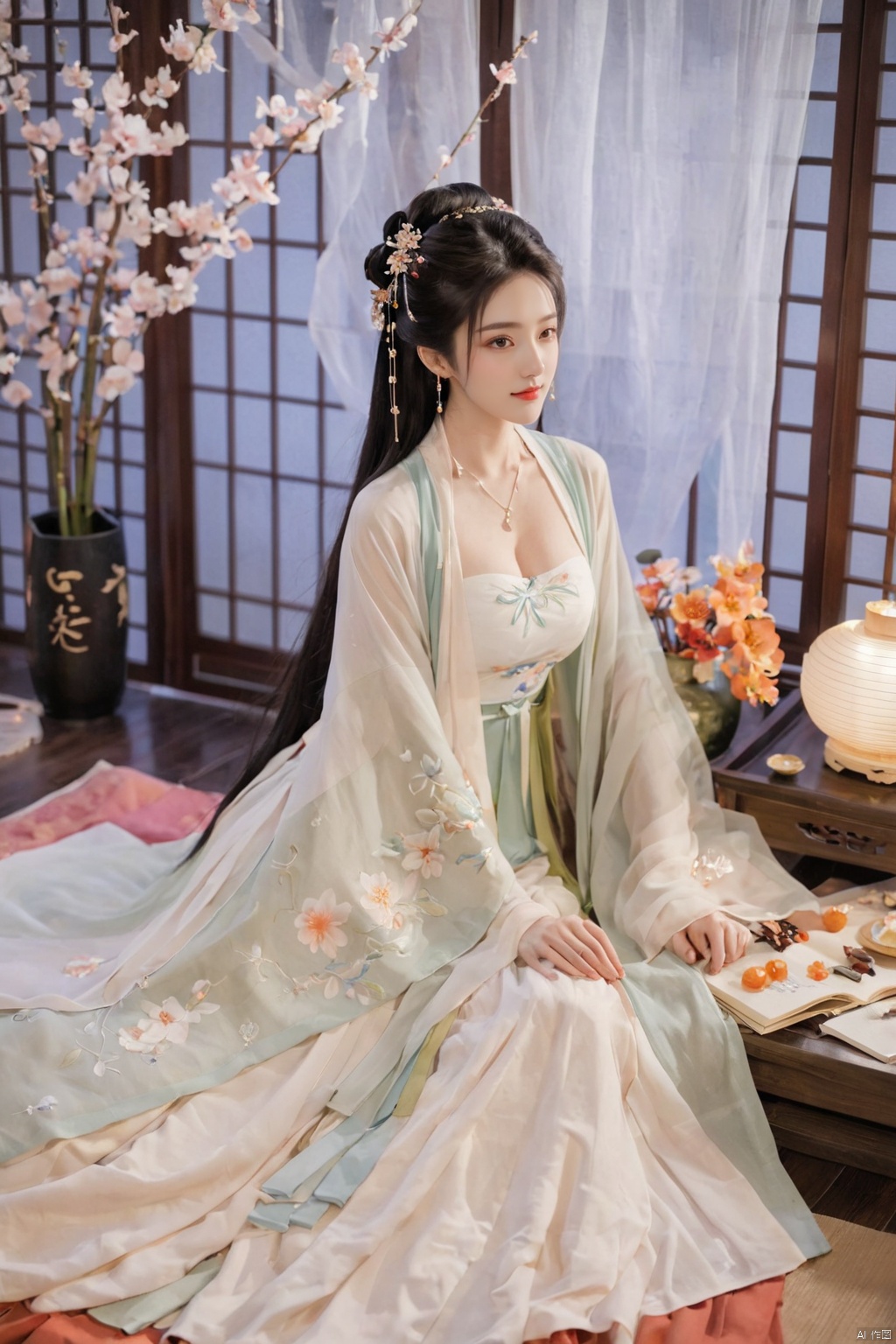  1girl, solo, long hair, black hair,Hairpins,necklace, hair ornament, dress, full body, flower, earrings, indoors, hair bun, (white dress),(Tube top Hanfu long skirt:1.1), pillow, bed, night, chinese clothes, table, branch,daxiushan, ,daxiushan style,(huge breasts:1.99), (full breasts:1.59), realistic,hanfu, daxiushan,Shoulders are exposed, , daxiushan, arien_hanfu, FilmGirl