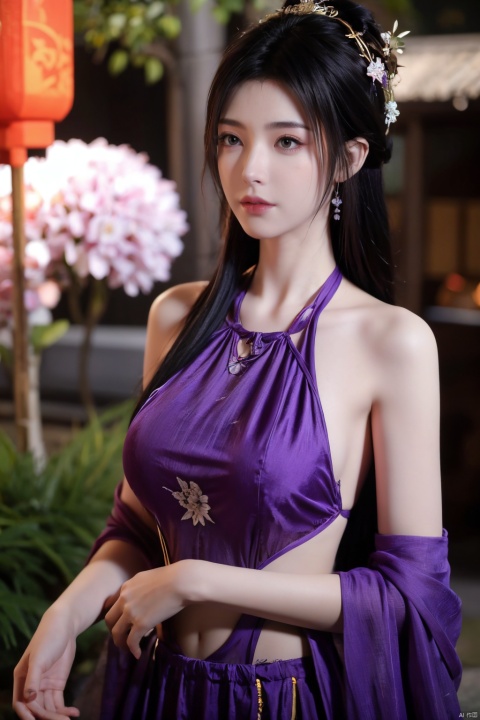  1girl, navel, solo, midriff, bare shoulders, lantern, hair ornament, flower, hair flower, paper lantern, black hair, red lips, looking at viewer, chinese clothes, (purple dress), purple eyes,blurry, solo focus, long hair, lips, night, lipstick, outdoors, upper body, blurry,(huge breasts:1.23), background, solo, makeup, hair bun, Hashimoto_Kanna