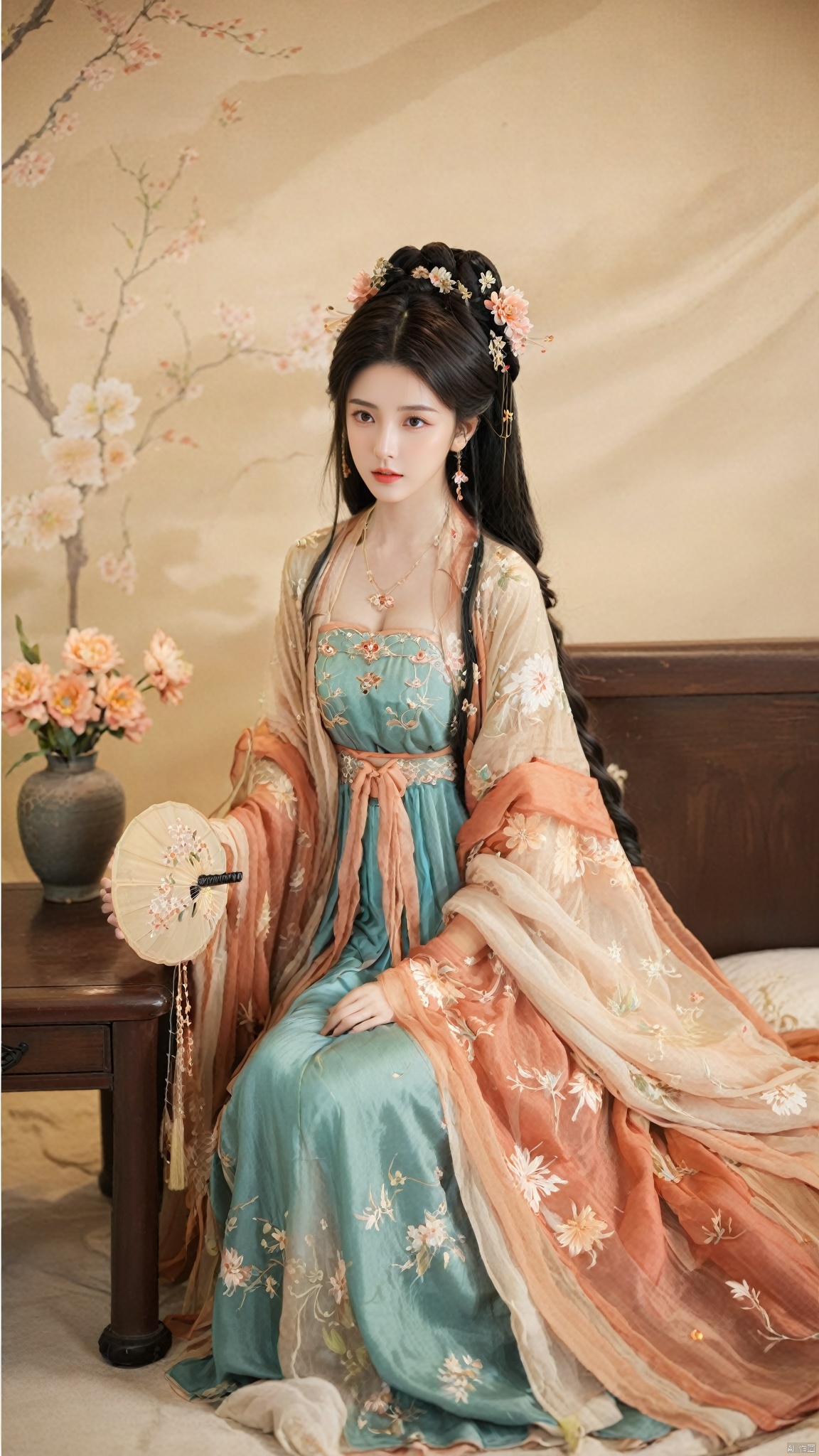 1girl, solo, long hair, black hair,Hairpins,necklace, hair ornament, long dress, full body, flower, earrings, indoors, hair bun, hanfu dress,(Tube top Hanfu long skirt:1.1),(Hand holding fan:1.2), pillow, bed, night, chinese clothes, table, branch,daxiushan, ,daxiushan style,(huge breasts:1.7), (full breasts), realistic,hanfu, daxiushan,Shoulders are exposed,daxiushan, arien_hanfu