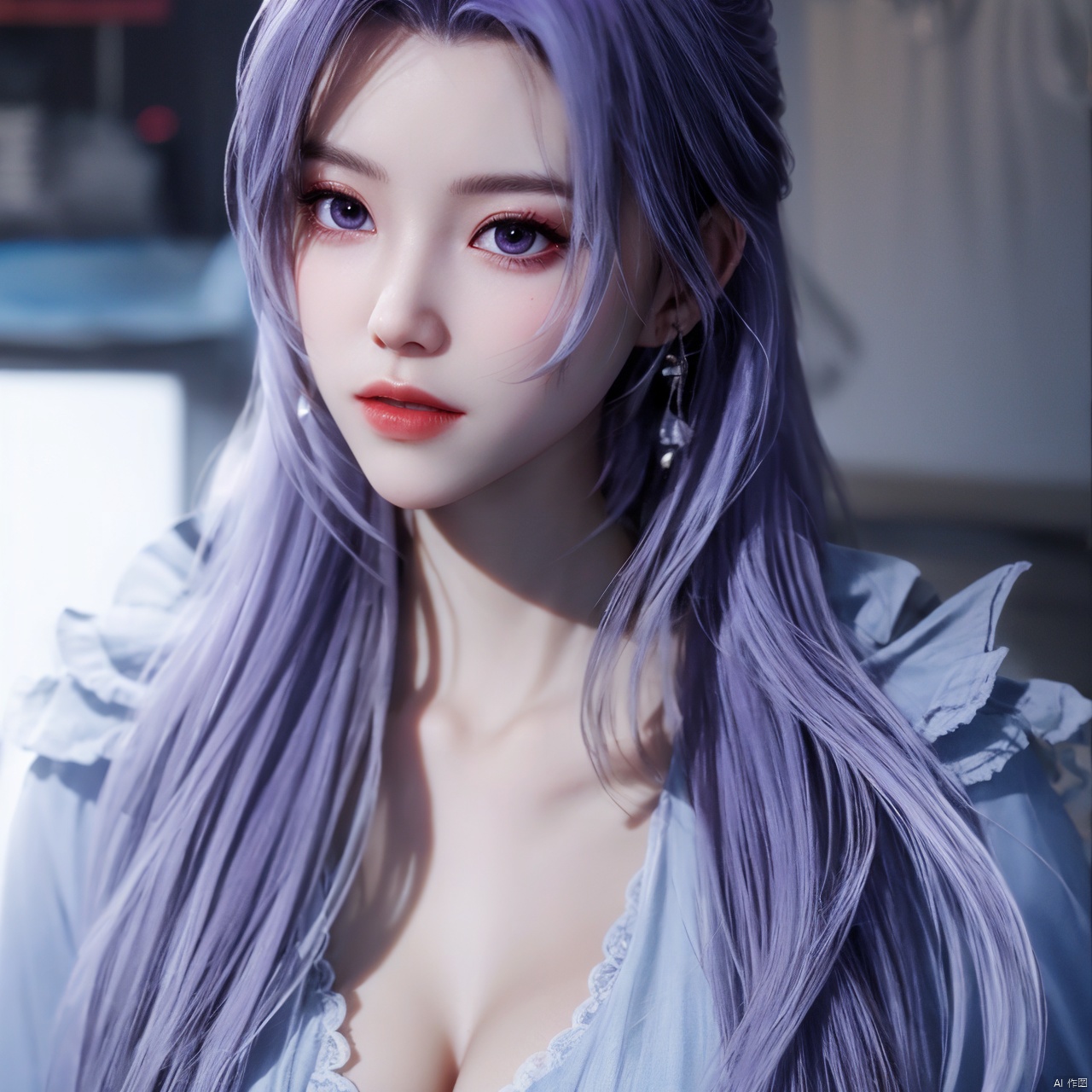  best quality,masterpiece,Yunxiao_Fairy,1girl,solo,long hair,looking at viewer,jewelry,closed mouth,purple eyes,upper body,purple hair,earrings,blurry,blurry background,sunlight,red lips,(big breasts:1.39)