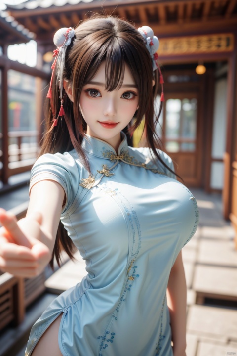 best quality, masterpiece,Depth of field,kind smile,looking_at_viewer,Dynamic pose,RAW photo,1girl,Xcheongsam,(big breasts:1.39),ping dress,meatball head